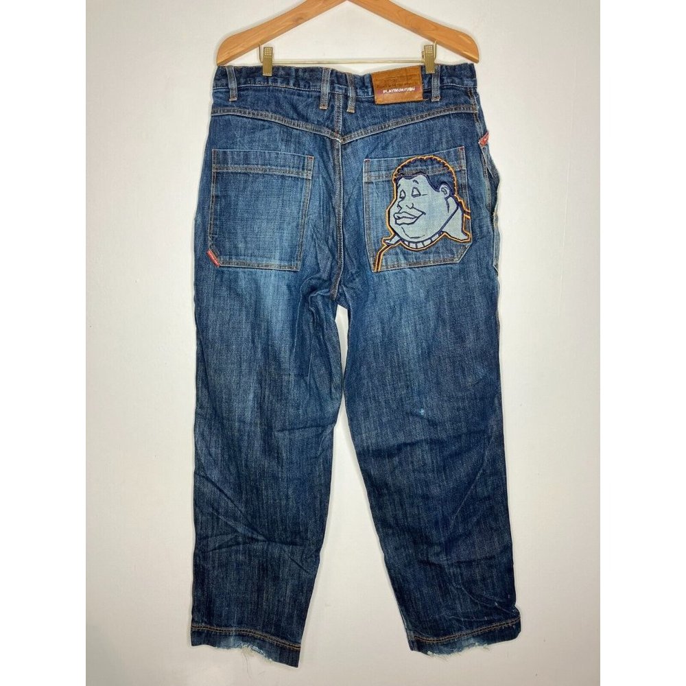 Vintage 90'S Y2K FUBU Platinum Fat Albert Embroidered Baggy Jeans Size 38x34